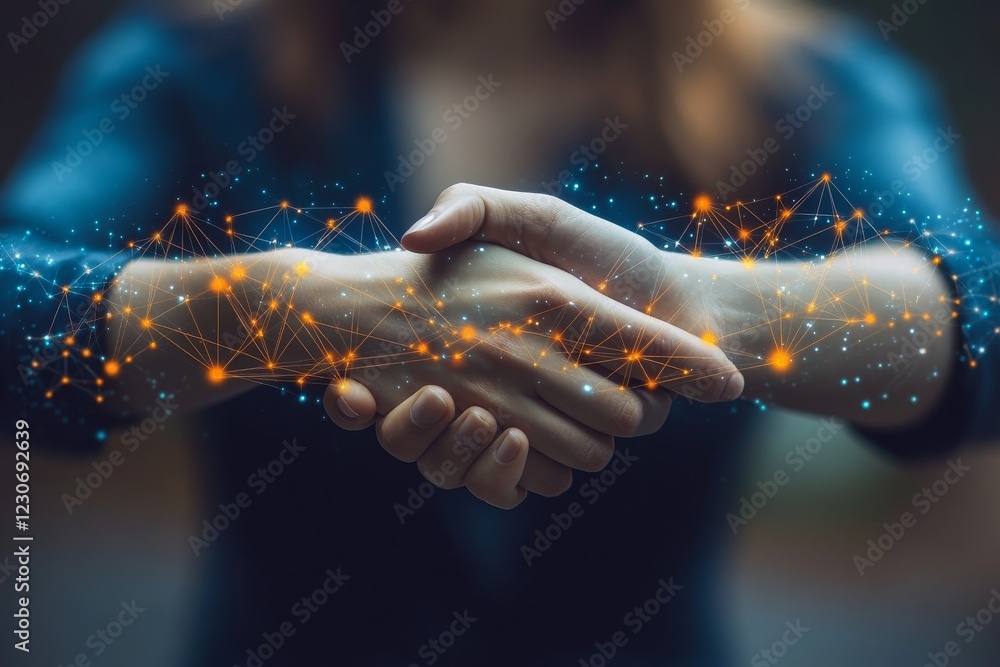 Aufkleber collaboration in the digital age with hands joined and glowing connections in a modern setting