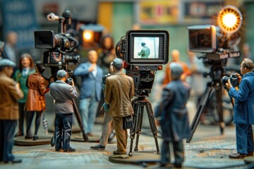Miniature reporters and cameramen surround a central news event, capturing the moment.