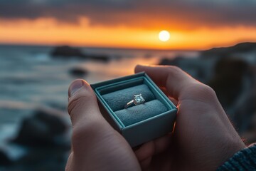 Engagement ring held against a stunning sunset by the ocean with waves crashing in the background