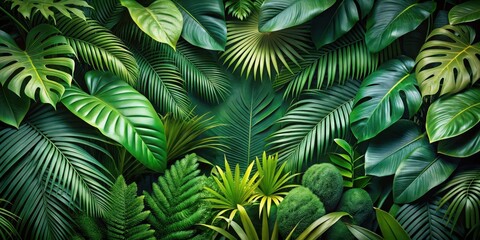 Exotic foliage backdrop with lush tropical green leaves arranged in a natural composition, jungle, exotic,  jungle, exotic, nature