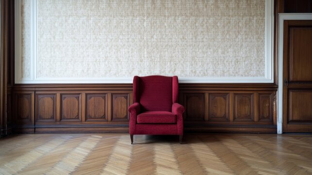 Red armchair in a vintage room with wood paneling and parquet floor.
