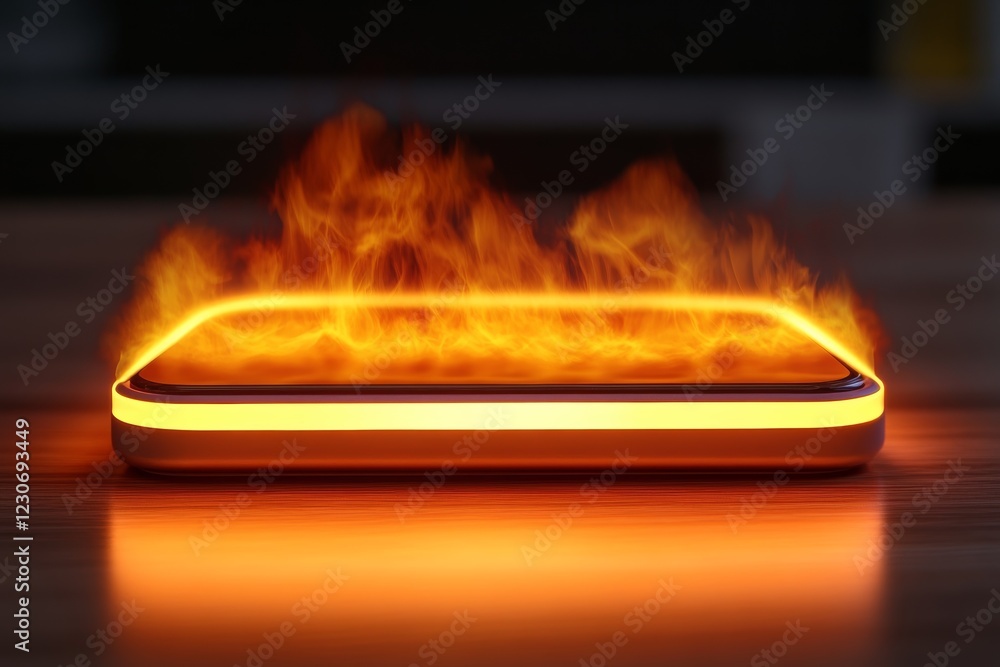 Aufkleber smartphone surrounded by flames creating a dramatic visual effect in a modern indoor setting