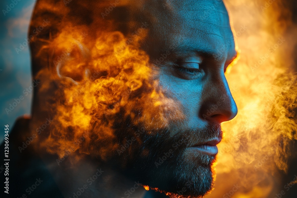 Poster intense portrait of a man with fiery smoke effects creating a dramatic atmosphere in an artistic set
