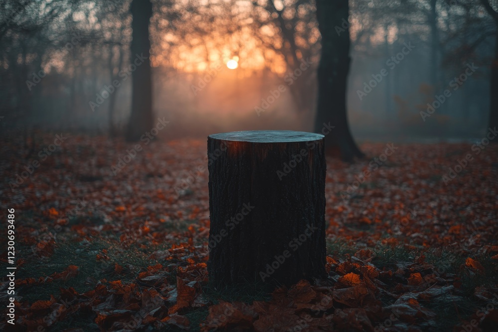 Sticker Beautiful sunset through trees with a solitary stump surrounded by autumn leaves at dusk