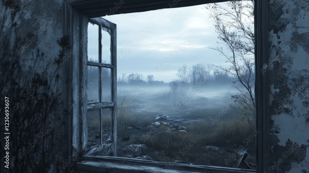 Poster a window with a view of a field. the field is foggy and the sky is cloudy