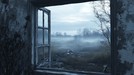 A window with a view of a field. The field is foggy and the sky is cloudy