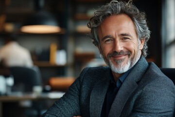 Obraz premium Smiling man with gray hair in a stylish blazer sits at a modern workspace during afternoon hours