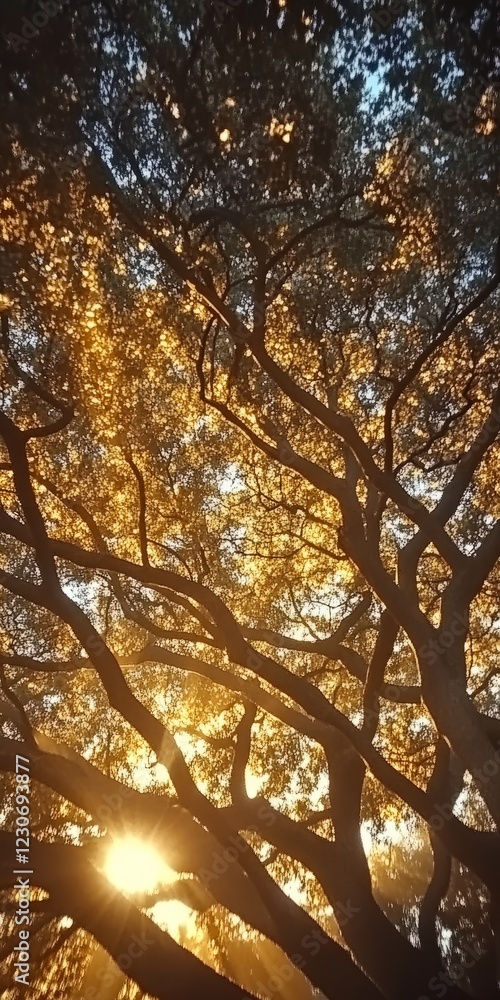 Poster captivating view of sunlight streaming through tree branches, creating a warm and serene atmosphere 