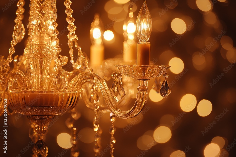 Poster elegant chandelier with glowing candles and warm bokeh background in a dimly lit setting