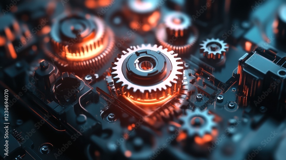 Poster illuminated gears interlocking in complex machinery