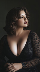 Fototapeta premium Glamorous Plus-Size Woman in Elegant Evening Dress, Fashionable Portrait with Warm Ambient Lighting and Sophisticated Style