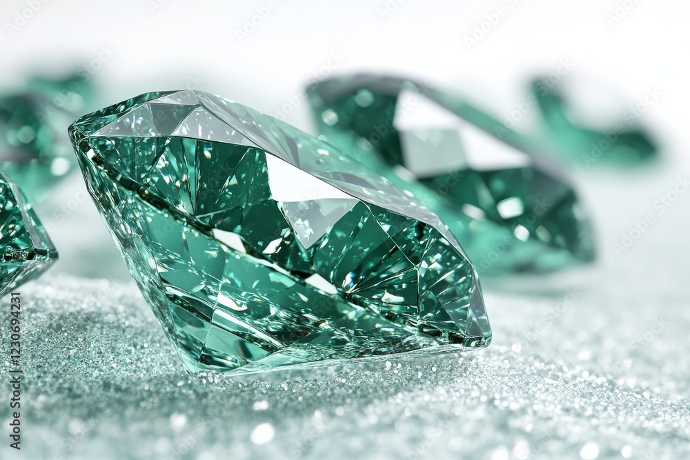 Poster sparkling emerald gemstones scattered on a soft, shimmering surface reflecting light in a soft, eleg