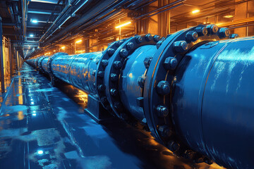Fototapeta premium industrial pipeline in a process tunnel or factory. A huge metal pipe, held together by massive bolted connections, stretches into the distance, creating a sense of depth and perspective. 
