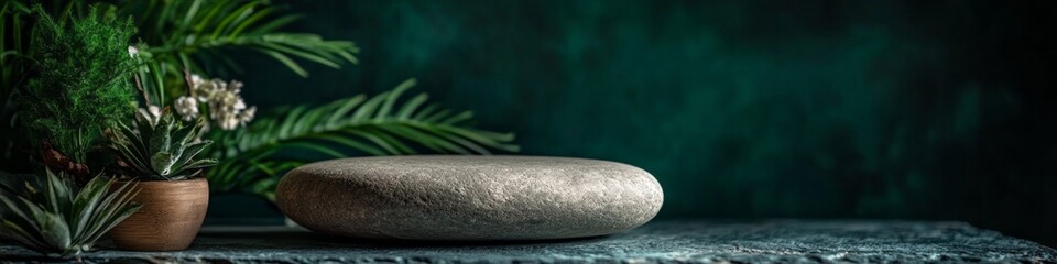 Serene scene with plants and a smooth stone, set against a dark green backdrop.