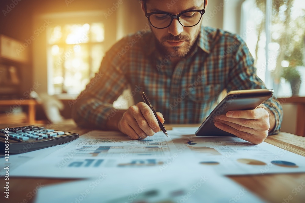 Aufkleber focused man analyzing financial data while using a calculator and tablet in a bright office environm