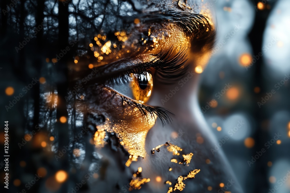 Poster exploration of emotion through the interplay of light and shadow in a surreal eye portrait