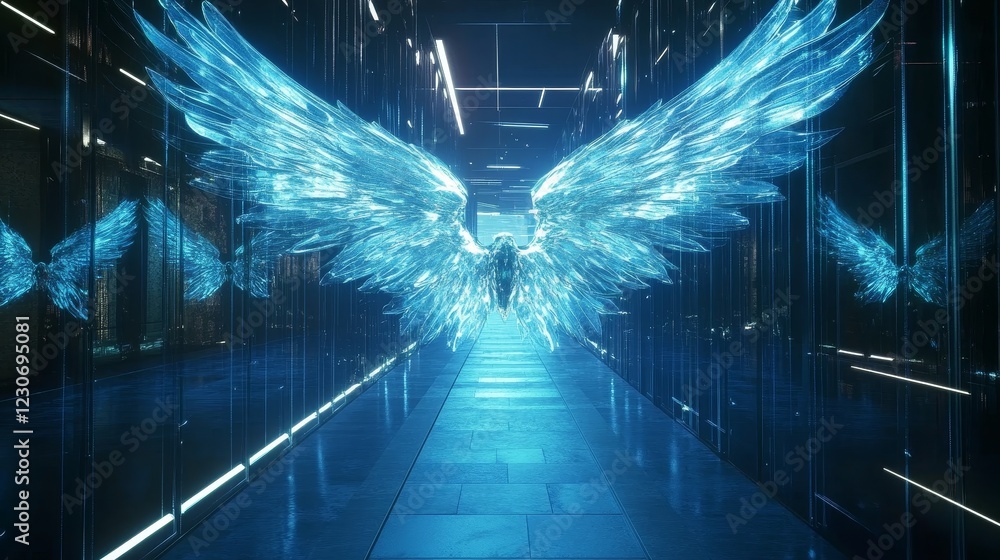Poster a stunning display of ethereal angel wings crafted in digital light, creating a mesmerizing scene in