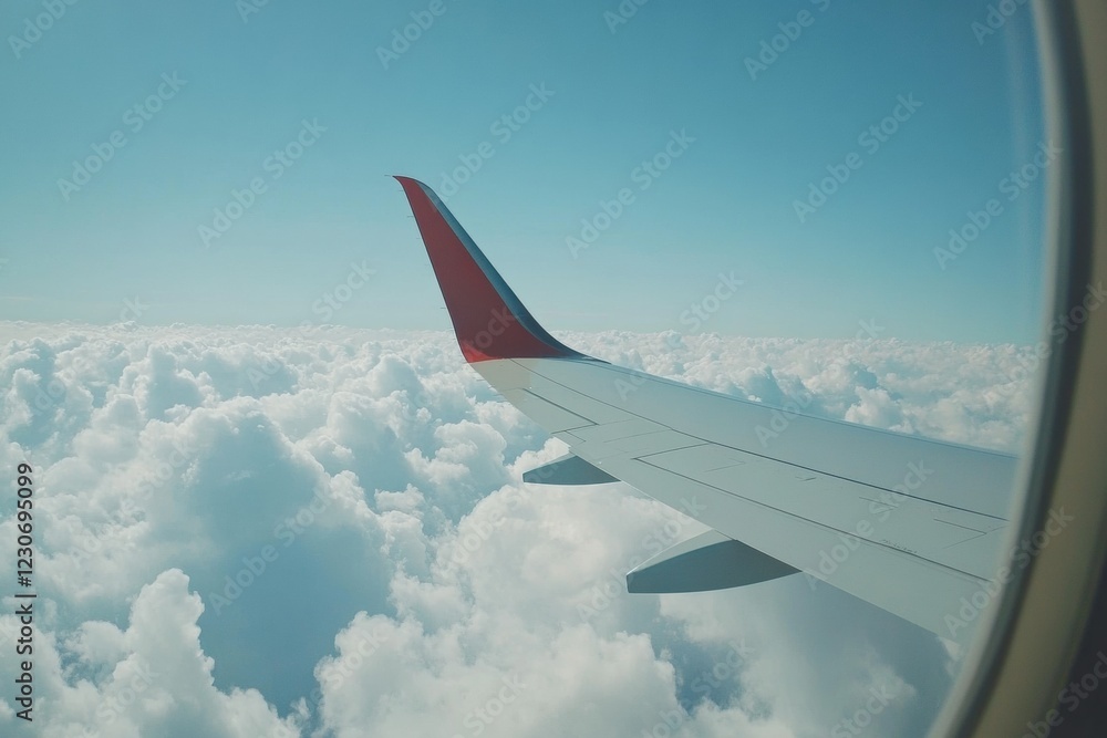 Aufkleber Experience the serenity of flying above fluffy clouds with a view through the airplane window. Generative AI