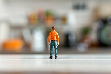 A miniature figure, seen from behind, stands in a blurred kitchen setting.