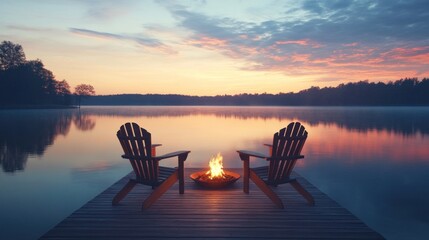 Adirondack Chairs Lakeside Fire Peaceful Sunset Serenity
