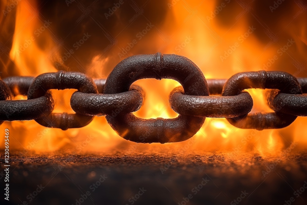 Aufkleber chain links illuminated by intense flames create a striking visual of strength and vulnerability in 
