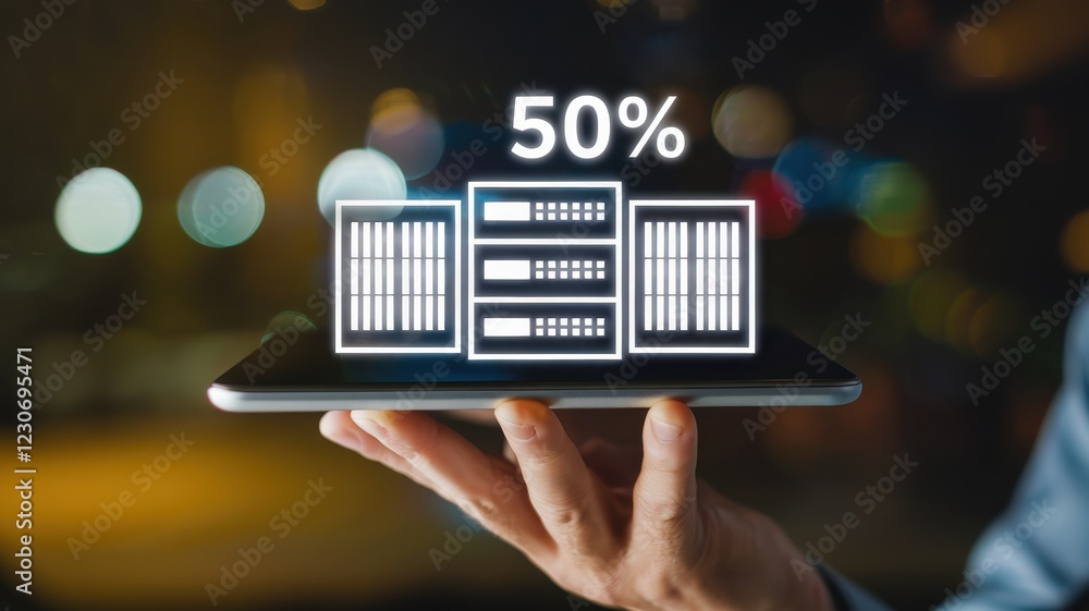 Poster 50% server capacity on tablet device: digital technology and cloud computing concept