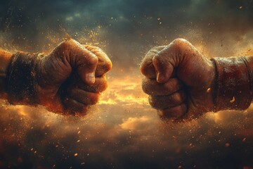 Fists colliding in dynamic display of strength and intensity during an epic duel at sunset