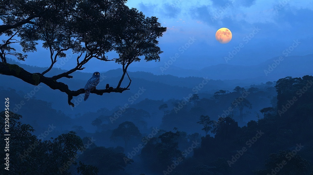 Poster two birds perched on a tree branch, in front of a full moon in the sky above a dense forest of trees