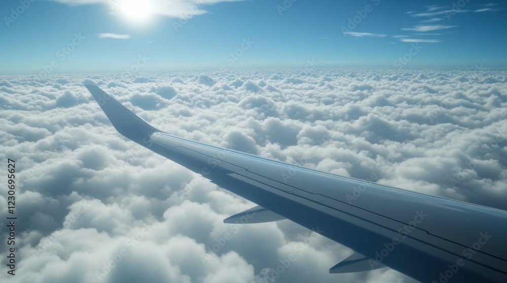 Poster view of airplane wing soaring above fluffy clouds with bright blue sky in background. generative ai