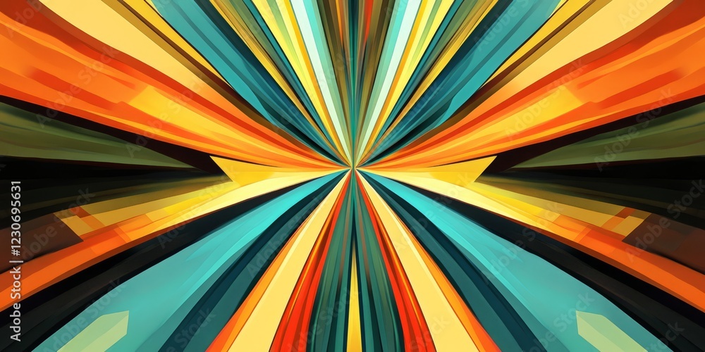 Poster A colorful abstract design featuring dynamic geometric patterns with radiating lines in bold, vibrant hues.