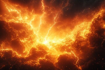 Vivid eruption of orange and yellow flames with lightning striking over dark clouds in a dramatic sky