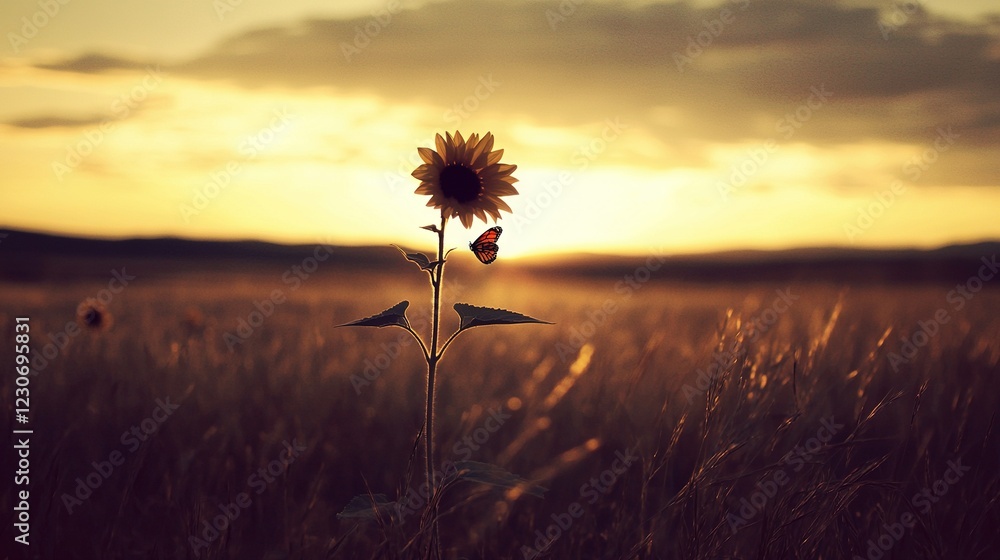 Poster sunflower in a field with butterfly on its stem before a setting sun