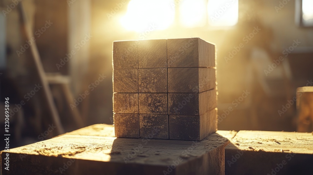 Poster Wooden Blocks Stacked In A Workshop Setting