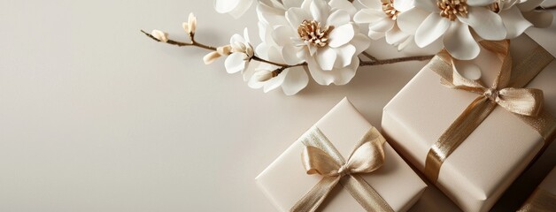 A top view of wrapped gift boxes in champagne color adorned with a golden ribbon bow, set against a beige backdrop, perfect for a greeting gift card
