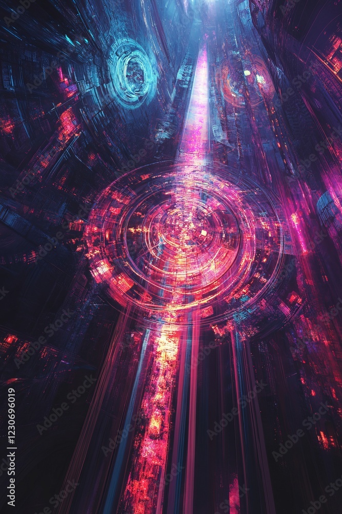 Poster a mesmerizing view of a futuristic cityscape with neon lights and abstract geometric patterns, creat