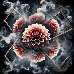 Dahlia Reflection with Smoke and  Mirrors - a dahlia surrounded by swirling smoke, with mirrors reflecting the flower from multiple angles.