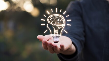 Illuminating Ideas: A Hand Presenting a Lightbulb with a Brain Inside, Symbolizing Innovation and Creativity