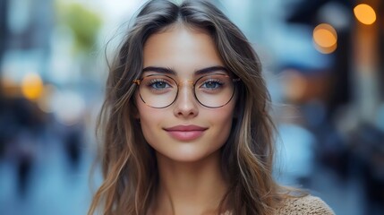 A woman with long brown hair and glasses is smiling