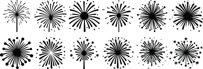 Firework silhouettes set, explosion pack of vector silhouette design, isolated background