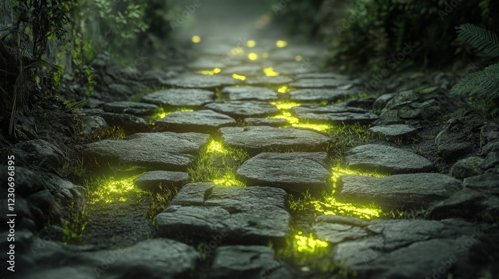 Poster a magical stone path in a forest, lit by glowing fireflies, creating an enchanting and mystical atmo