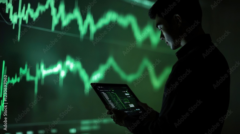Poster Man Analyzing Financial Data on Tablet and Screen