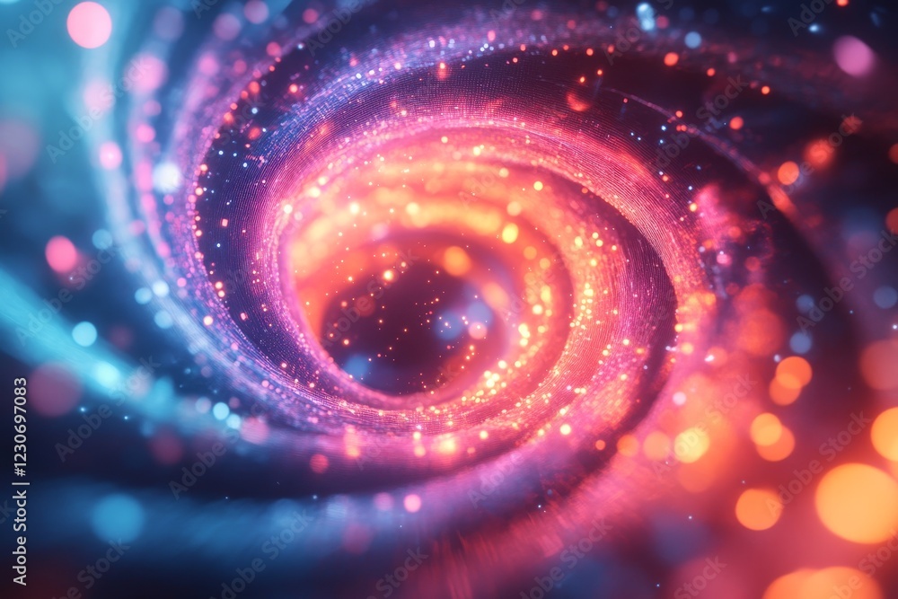 Poster vivid swirl of cosmic colors creating a mesmerizing spiral effect in a digital galaxy setting