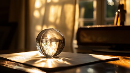 A glass sphere on a wooden table, illuminated by warm sunlight, casting soft shadows in a cozy room.