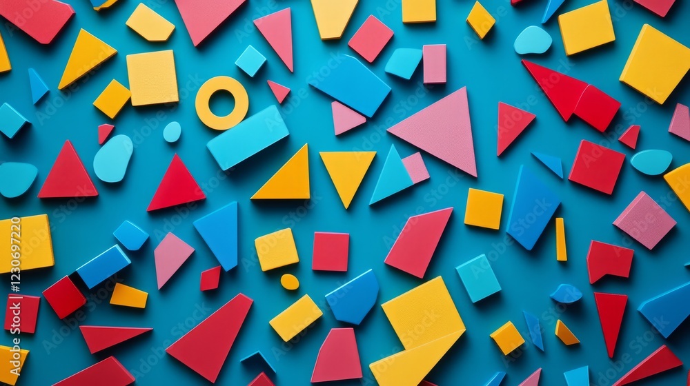 Poster a colorful background with many different shapes. some of the shapes are squares and triangles. the 