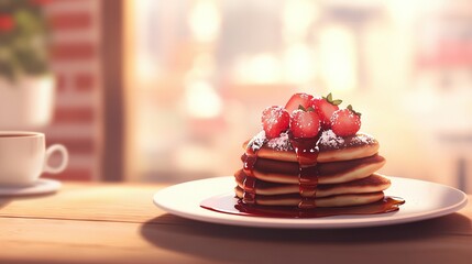   Pancakes stacked on white plate, sprinkled with powdered sugar, garnished with strawberries