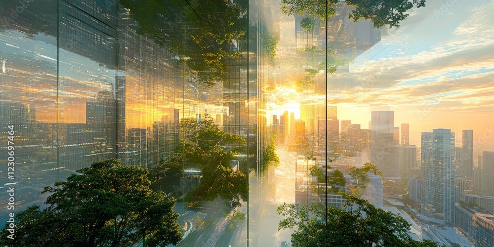 Poster a city skyline with a large tree in the middle. the tree is surrounded by buildings and the sky is f