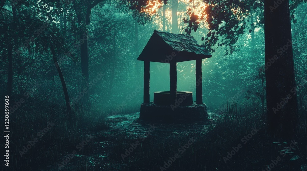 Poster a small wooden structure with a roof is in the middle of a forest. the structure is surrounded by tr
