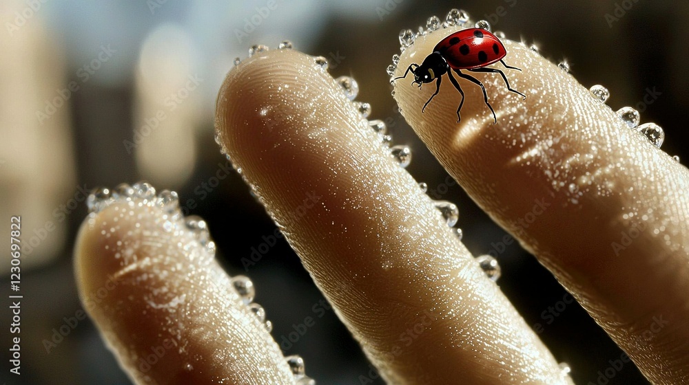 Aufkleber a close-up of a person's finger with a ladybug on the tip of their thumb is an image that showcases 