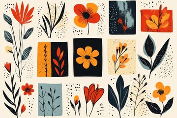 Colorful floral patterns featuring various blooms arranged in squares with bold colors and contrasting backgrounds