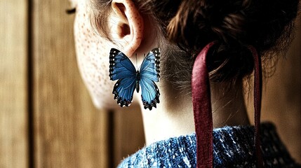   A close-up of a person wearing earrings with a butterfly dangling from the back